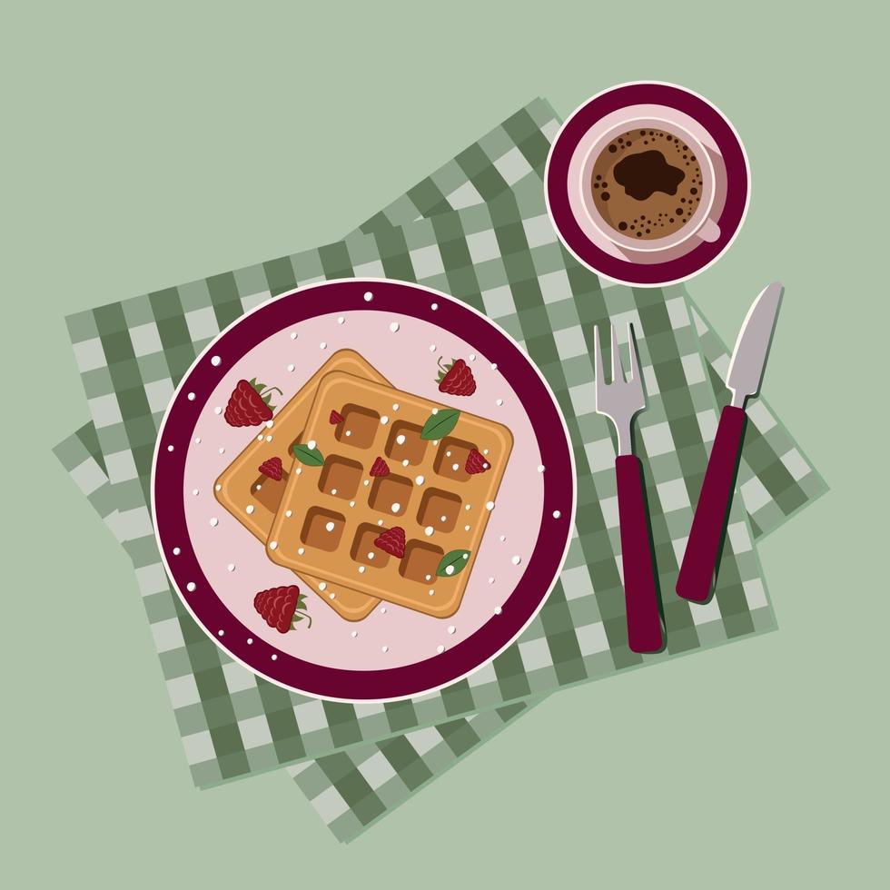 Breakfast waffles and coffee top view vector