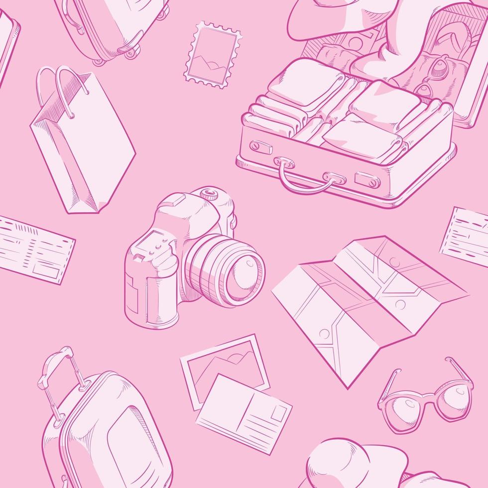 Seamless Pattern Travel Suitcase Doodle Background Vector Outline