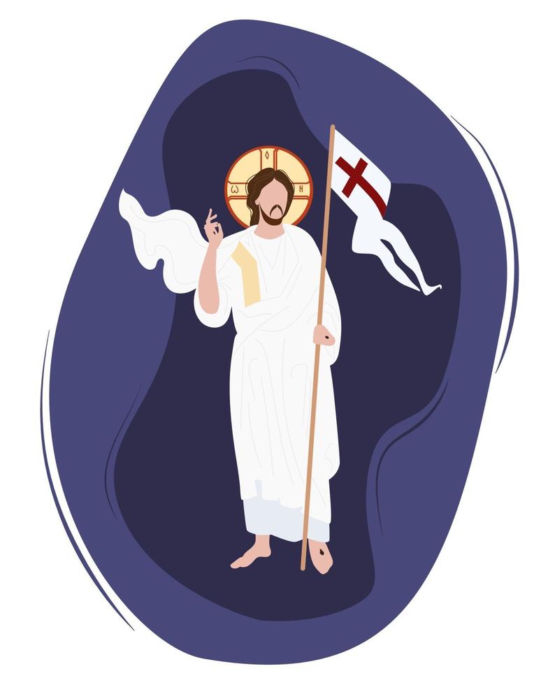 Easter Sunday. Christ Victorious Icon. Religious holiday - the Resurrection of Christ. He conquered death and was resurrected. Christ stands with the flag of victory and a gesture of blessing. Vector