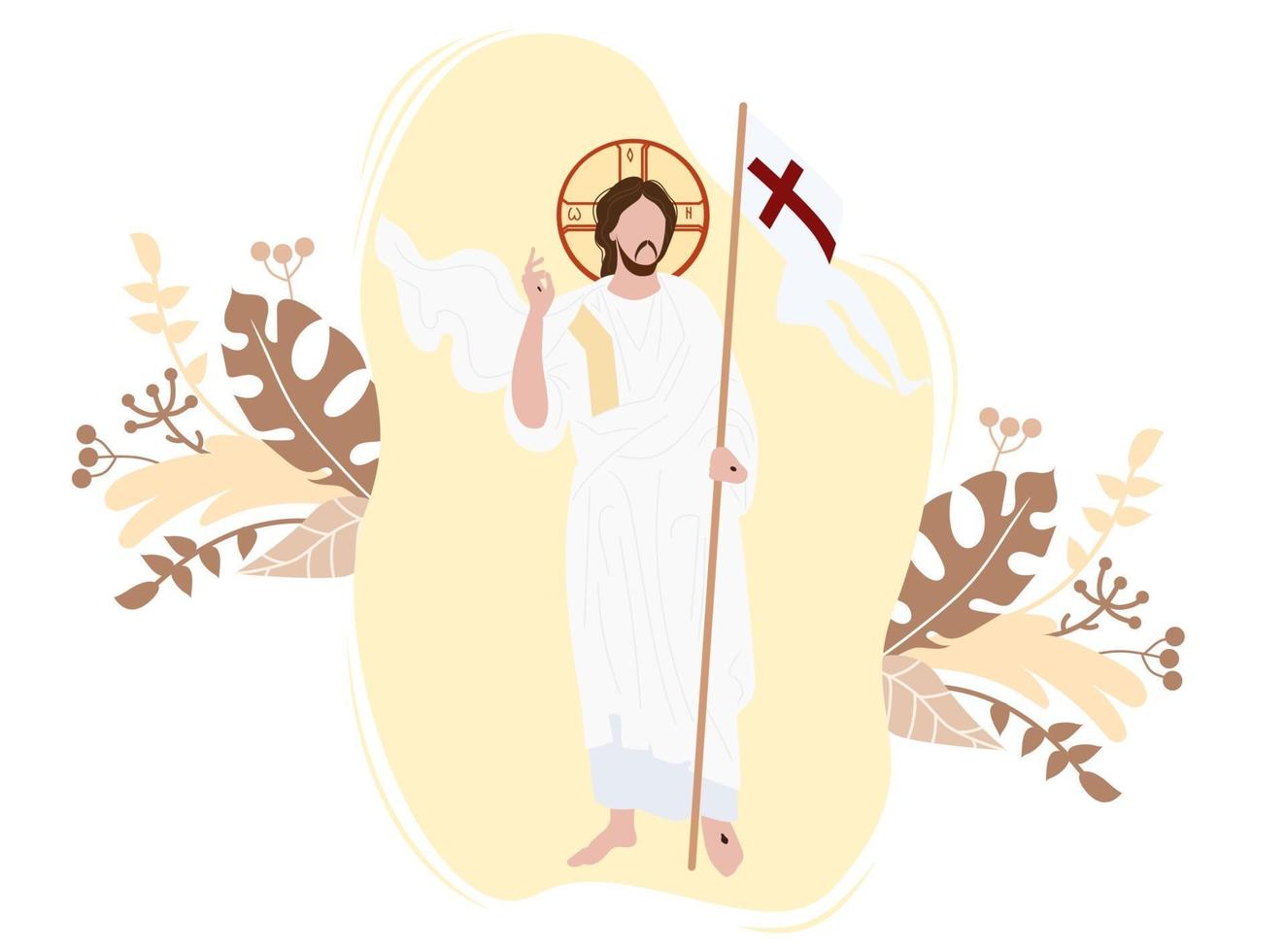 Resurrection of Christ icon. He conquered death and was resurrected. Christ stands with the flag of victory on a background with decor. Vector illustration