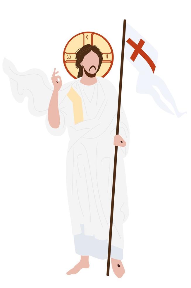 Resurrection of Christ icon. He conquered death and was resurrected. Christ stands with the flag of victory on a background with decor. Vector illustration