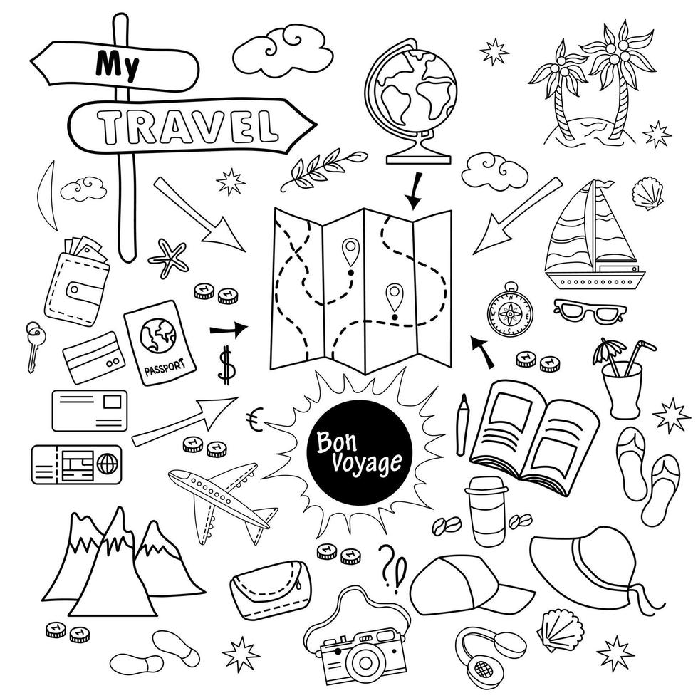 Doodle set of travel vector icons