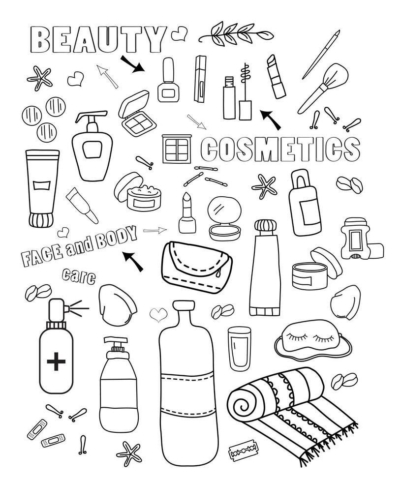 cosmetics travel doodle set vector