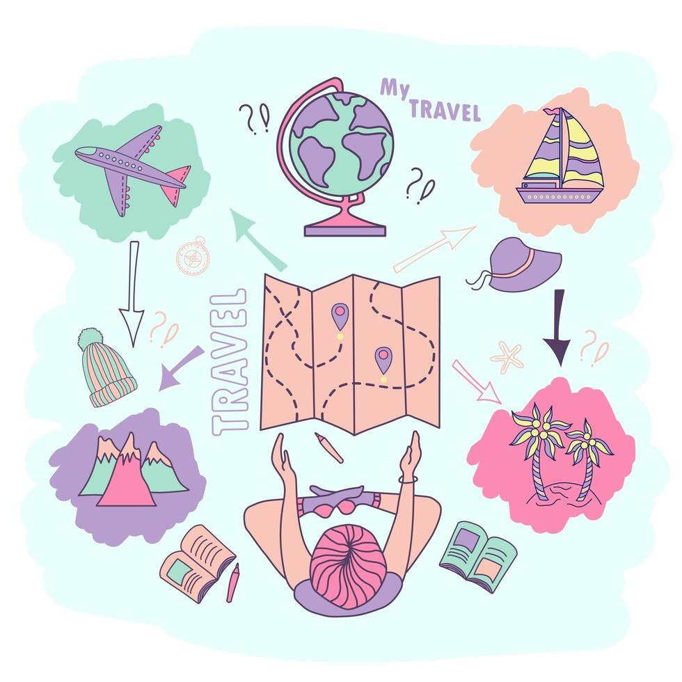 Vacation planning girls. Vacation Dreams. A girl sits and looks at a map, near her travel pictures mountains, an island with palm trees and transport airplane and a ship, a hat and a globe. Vector