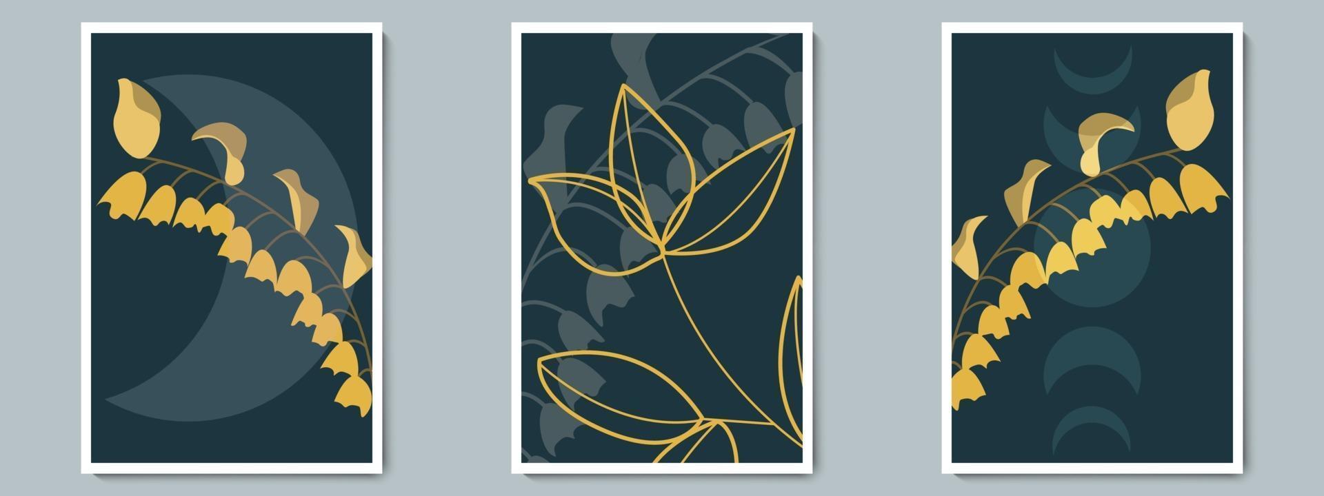 Botanical Dark Wall Art Vector Poster Set. Minimalist Shadow Foliage with Night Background.