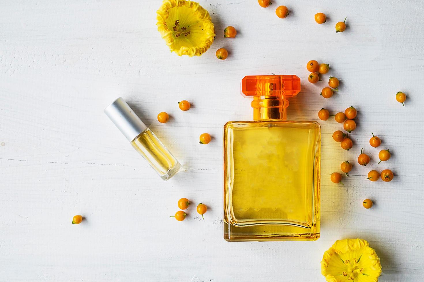 Perfume bottle flat lay photo