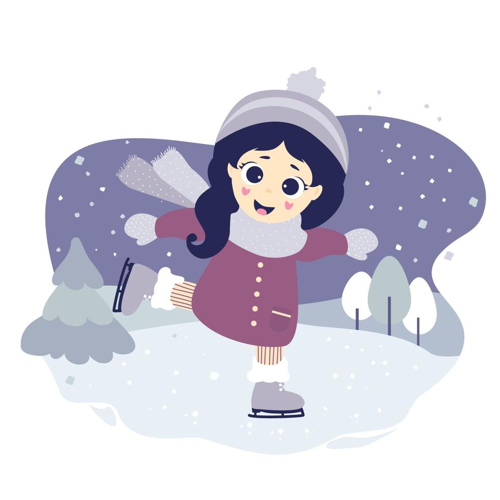 Cute girl ice skating on a blue decorative background with a winter landscape, trees and snow. vector
