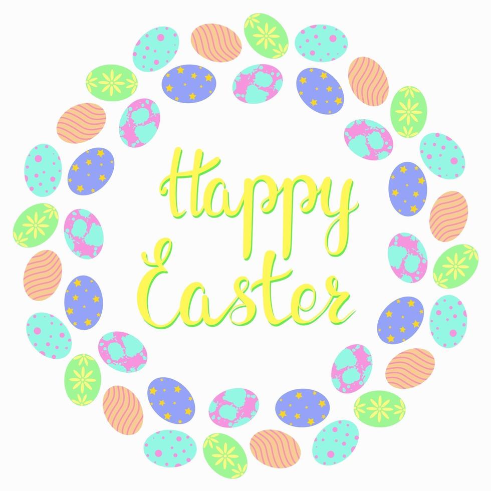 Round frame with Easter eggs. Frame with colorful eggs in a circle and the inscription Happy Easter. Postcard for the holiday, congratulations. Vector. vector