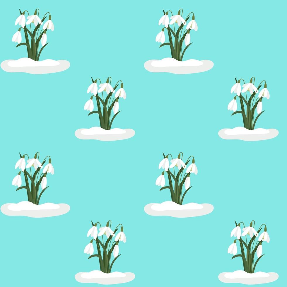 Seamless background with snowdrops. Vector repeating pattern with white flowers on a blue background. Background.