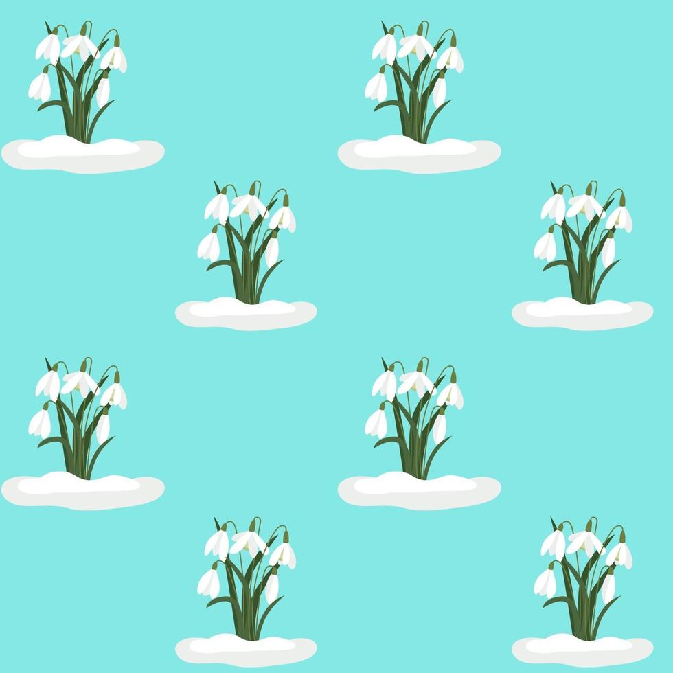 Seamless background with snowdrops. Vector repeating pattern with white flowers on a blue background. Background.