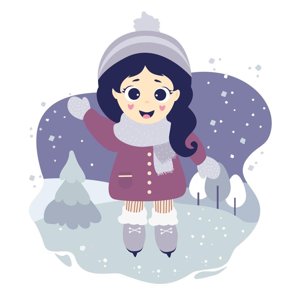 Linda chica patinando sobre hielo sobre un fondo decorativo azul con un paisaje invernal vector