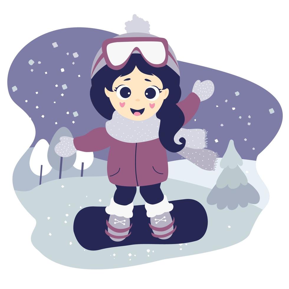 Winter sport. Cute girl is snowboarding and waving. vector