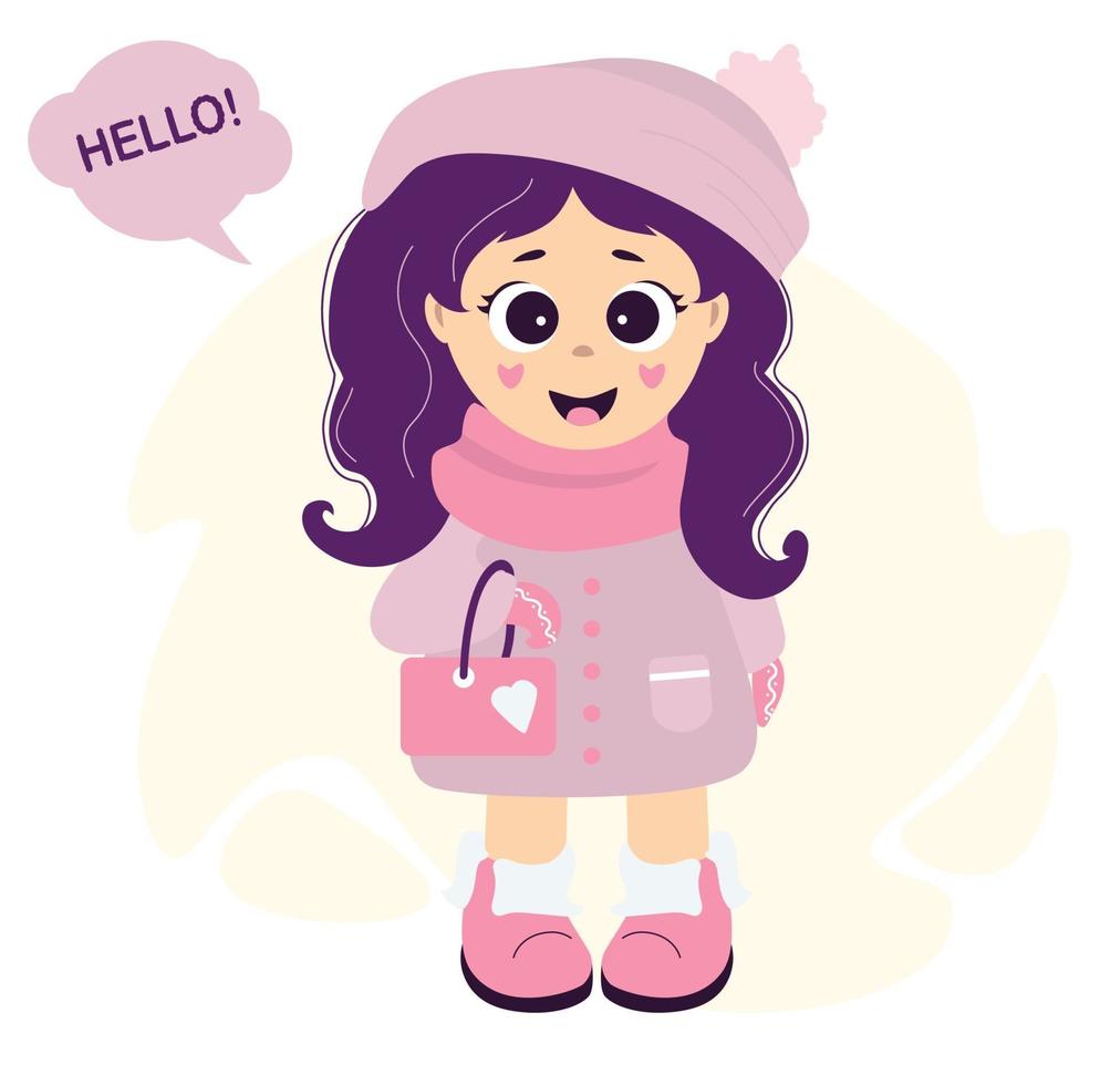 A cute, beautiful girl in winter clothes - a hat, a scarf, a coat, glove and boots with a small handbag vector