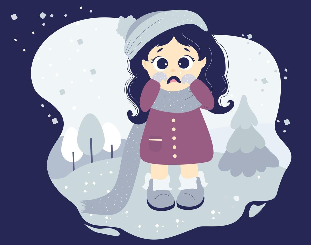 The girl is crying and upset, sad mood. Cute character in winter clothes vector