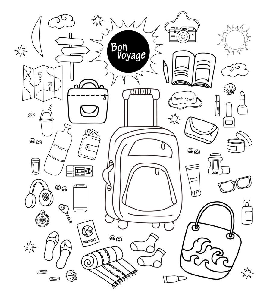 Doodle conjunto de objetos de viaje vector