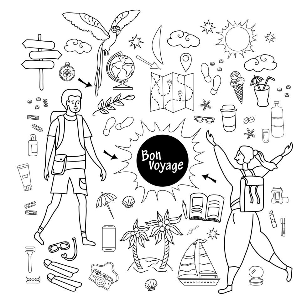 Girl and guy are tourists. Doodle set of travel objects vector