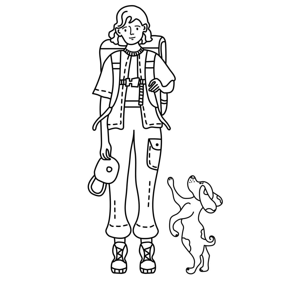 dibujo lineal. Una turista con pantalones con bolsillos se encuentra con una mochila y un perro. vector