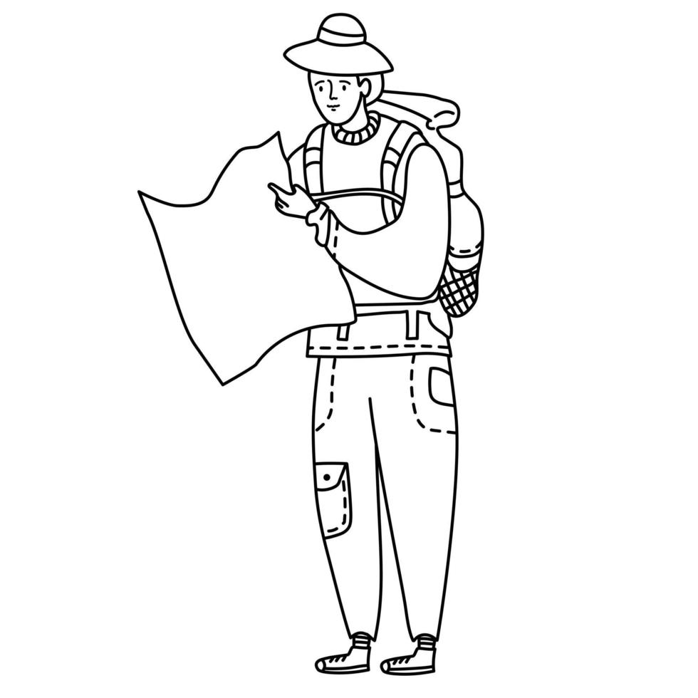 Line drawing doodle. Tourist man in trousers with pockets and a hat with a backpack vector