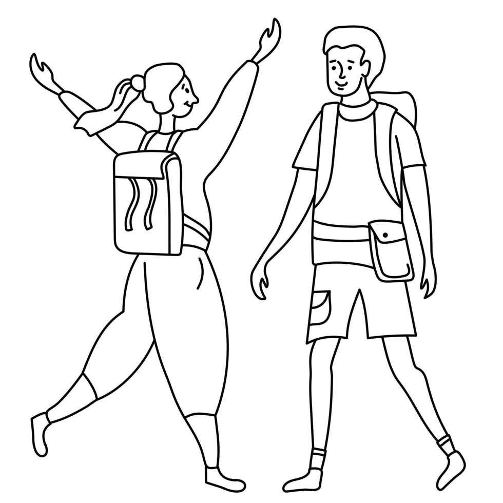 Linear outline drawing girl and guy tourists. She rejoices at the meeting, raised her hands and a small backpack vector