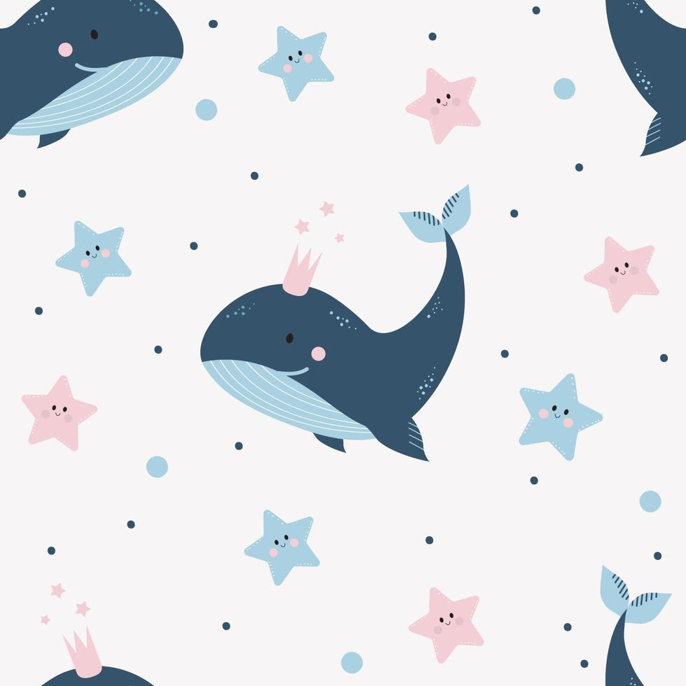 Seamless patterns with marine life. Cute blue whale with a crown and funny starfishes on light background. Vector. For design, decor, print, textile, packaging and wallpaper vector