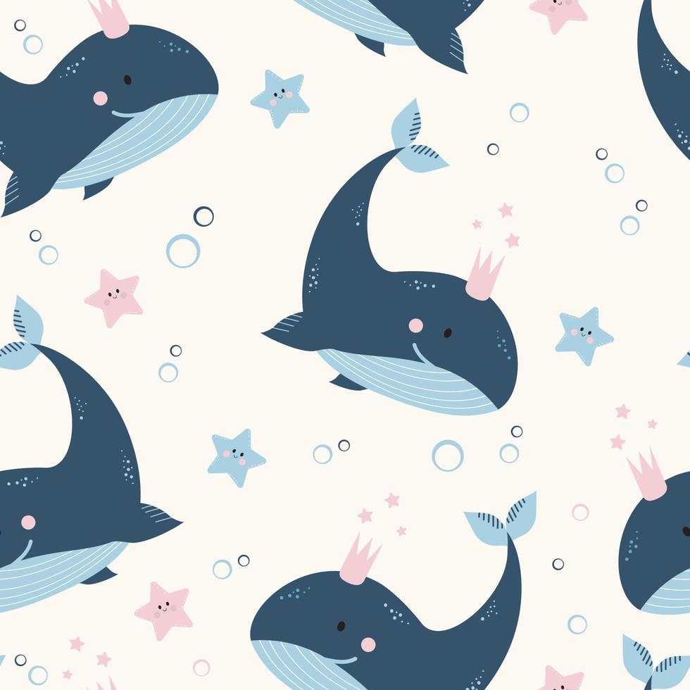 Seamless patterns with sea animals. Cute blue whales and starfishes on a light background. Vector. For design, decor, printing, packaging and wallpaper vector