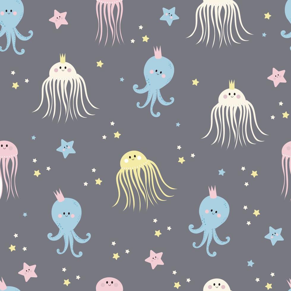 Seamless patterns with sea inhabitants. Cute starfishes, jellyfish and octopus on a gray background. Vector. For design, decor, printing, packaging, textiles and wallpaper vector