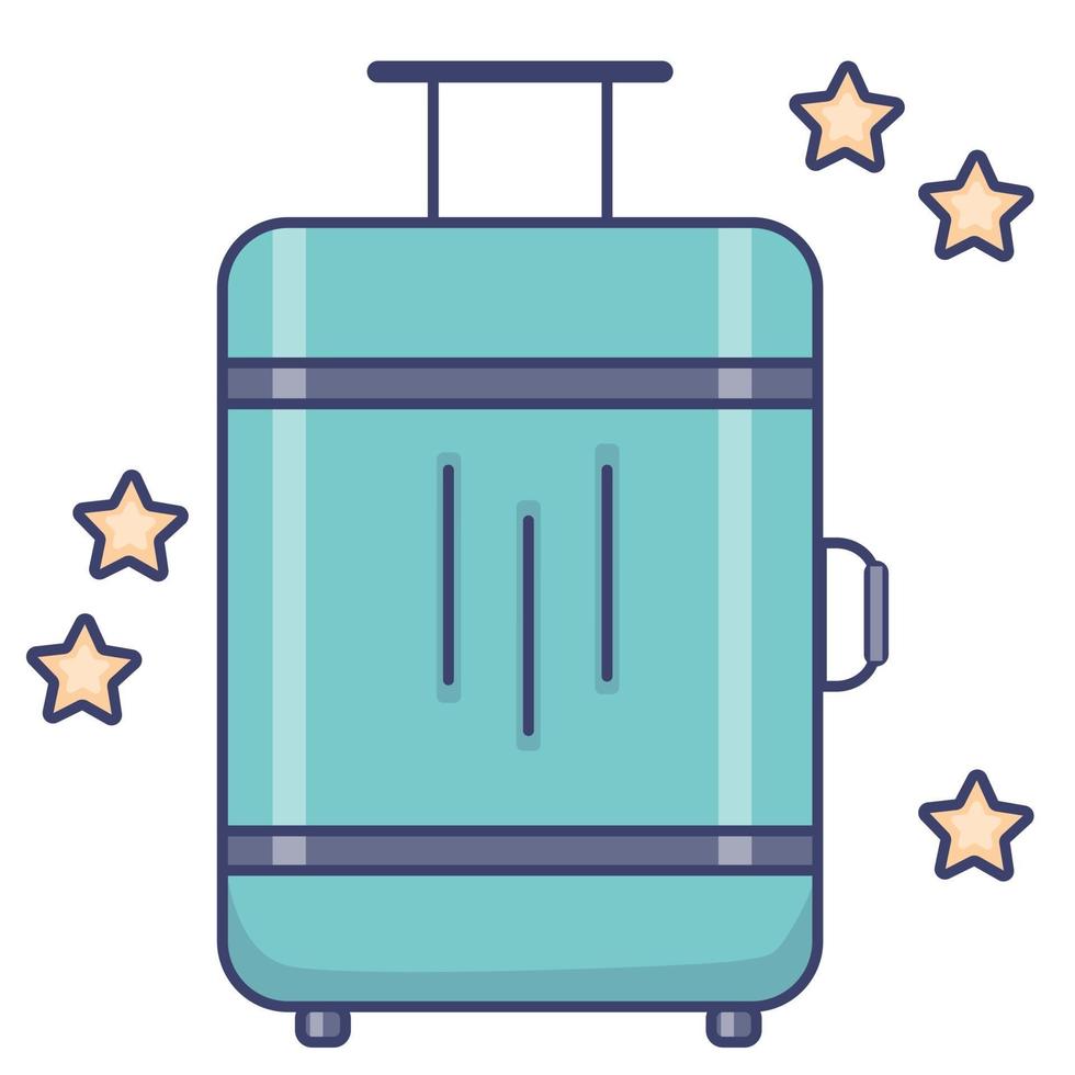 Travel luggage. Bright suitcase with wheels for travel, tourism and vacation. Vector