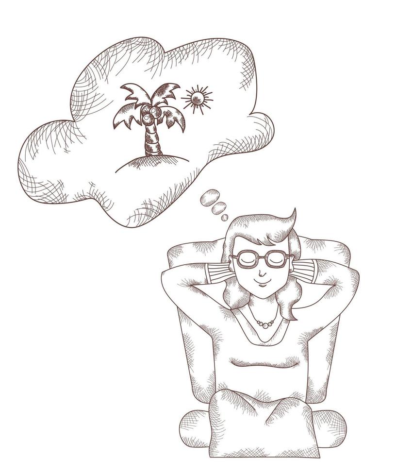 The girl sits and dreams about a vacation at sea with her eyes closed. Above it is a cloud with a picture of palm trees and the sun. Vector hand-drawing