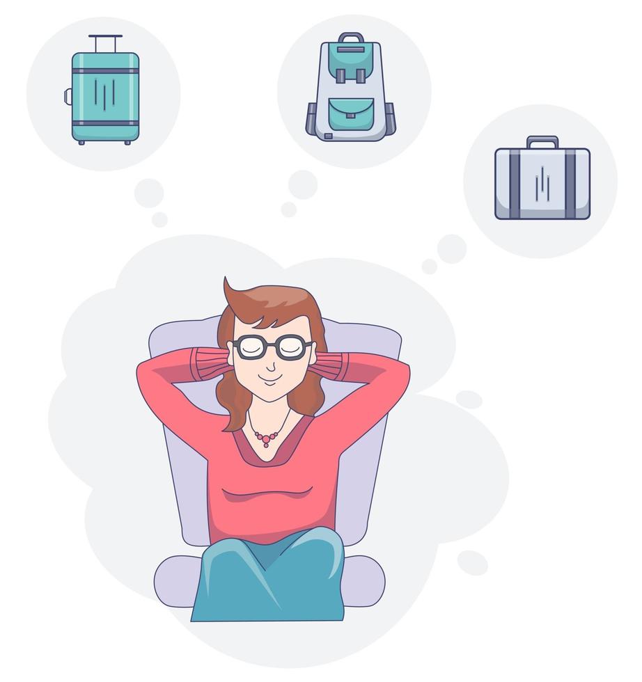 A girl sits with her eyes closed resting and dreaming of a journey on a light background. vector