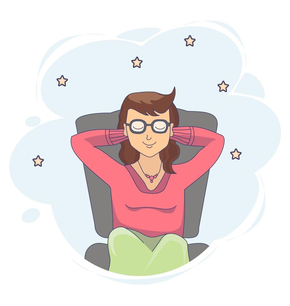 Vector drawing of a girl sitting in a chair and dreaming in a pink sweater with closed eyes on a background with stars