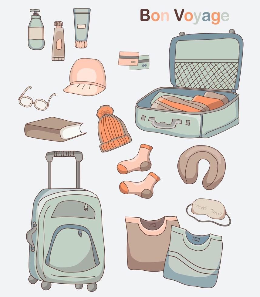 Set of vector drawings of luggage, clothes and things for travel and vacation.