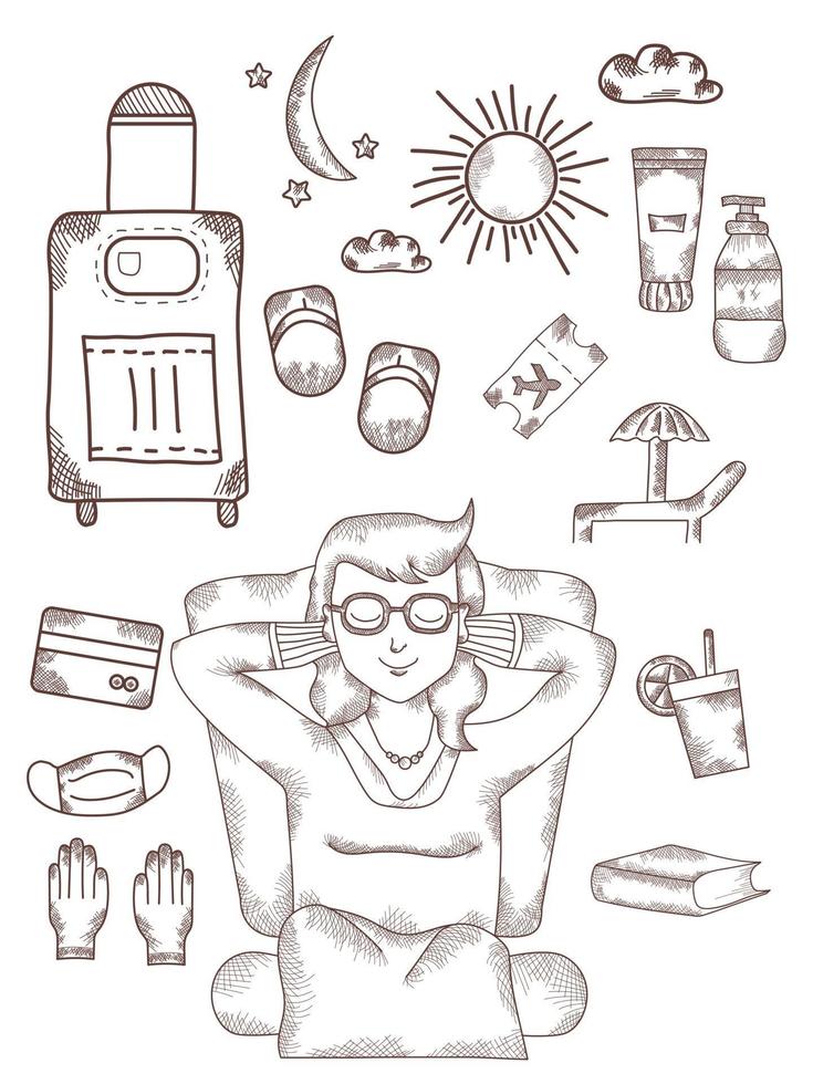 A girl sits and dreams with her eyes closed. Above it are different pictures of what you need to relax - the sun, a suitcase on wheels, cream, tickets. Hand drawn. vector