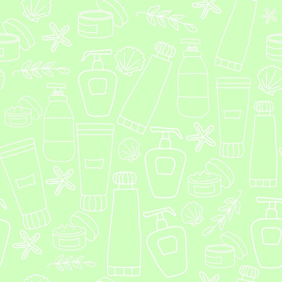 Seamless pattern of beauty and cosmetics icons. Creams and bottles, seashells. Vector outline illustration on a green background. Vector