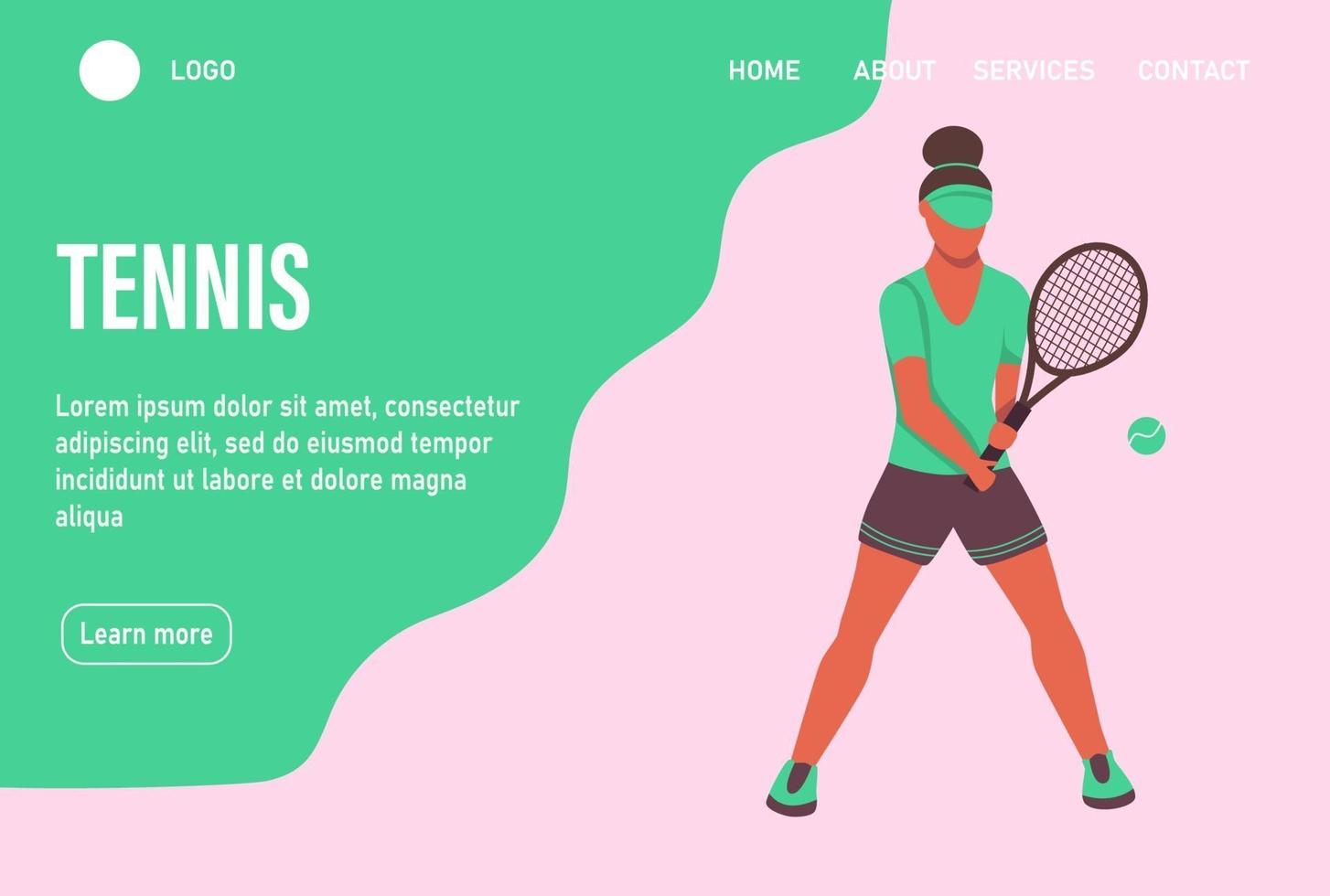 una joven mujer afro jugando al tenis. página de inicio del sitio web plantilla de página web de aterrizaje. un personaje plano. ilustración vectorial. vector