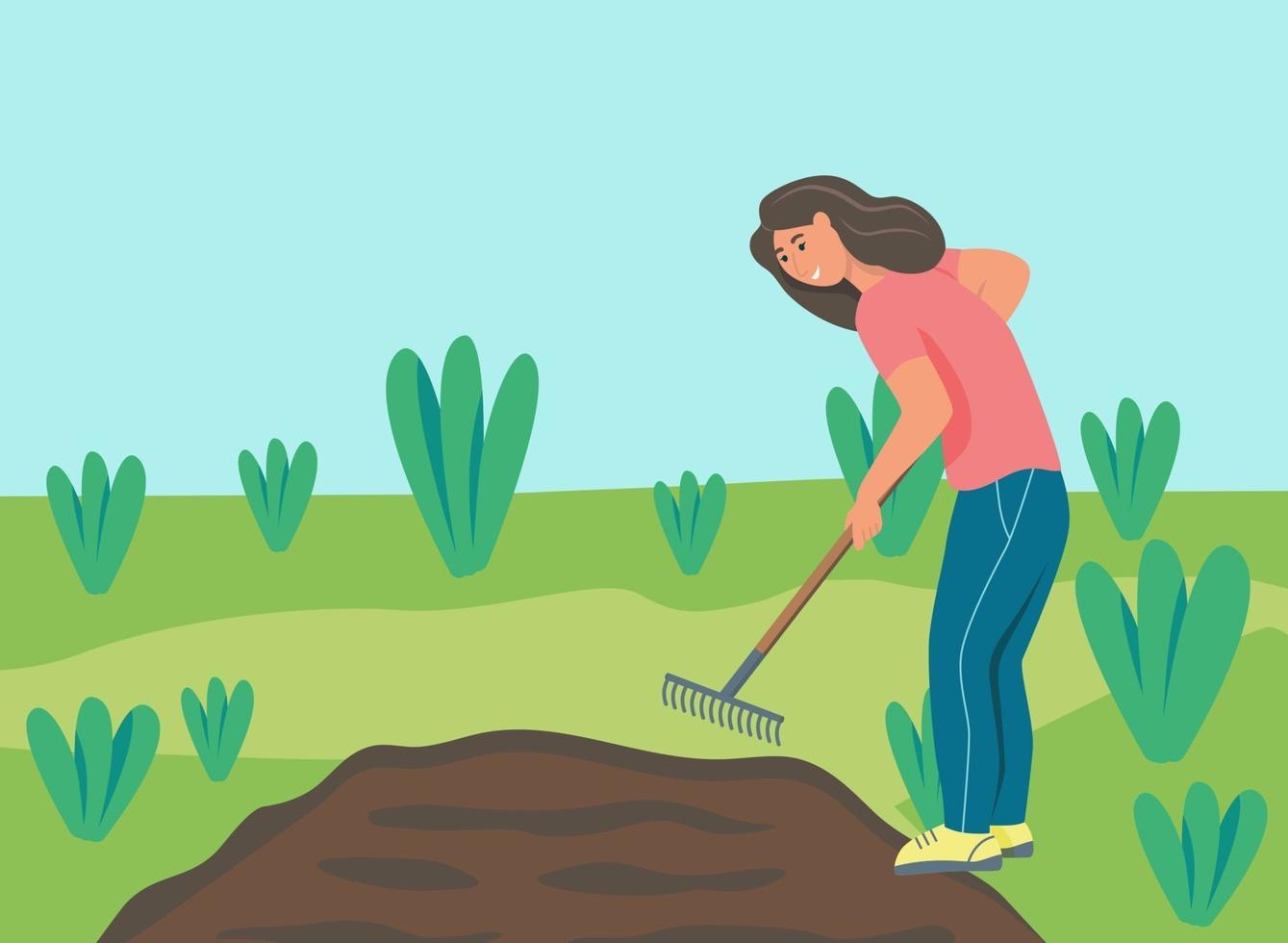 trabajos de jardinería. una mujer joven está trabajando en el jardín, rastrillando el suelo. ilustración vectorial plana. vector