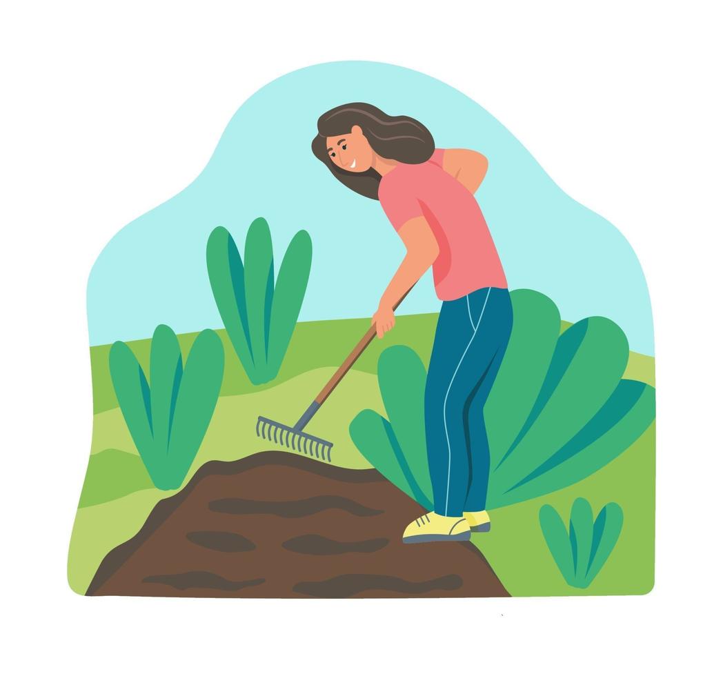 trabajos de jardinería. una mujer joven está trabajando en el jardín, rastrillando el suelo. ilustración vectorial plana. vector