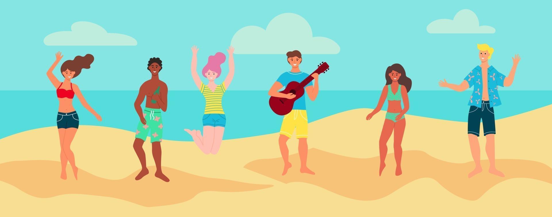Young people in summer clothes at the beach. The concept of beach parties. Advertising banner, poster, postcard, flyer. Flat cartoon vector illustration.