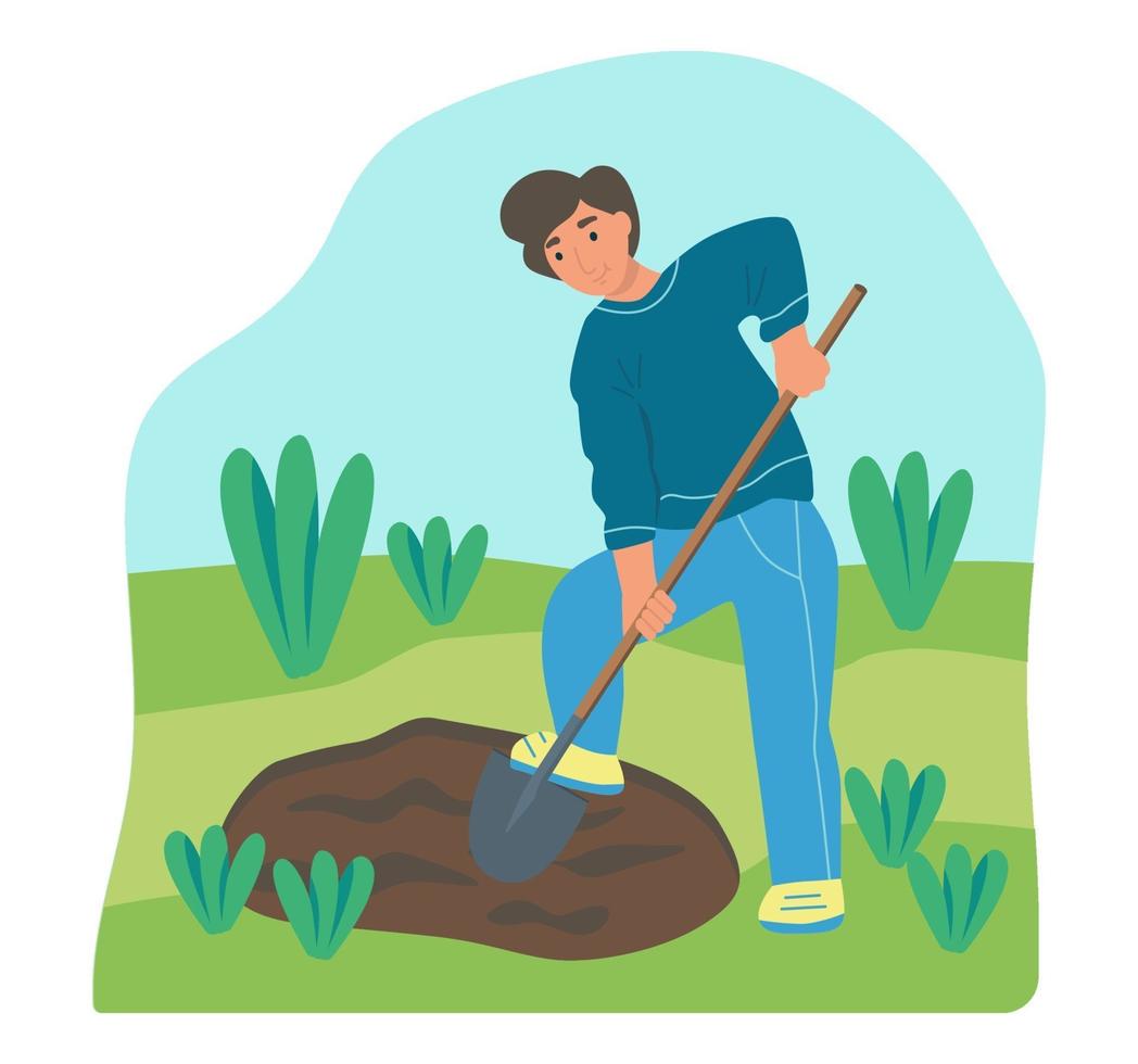 jardinería en la finca. un joven trabaja en el jardín, un granjero cava la tierra. ilustración vectorial de dibujos animados plana. vector