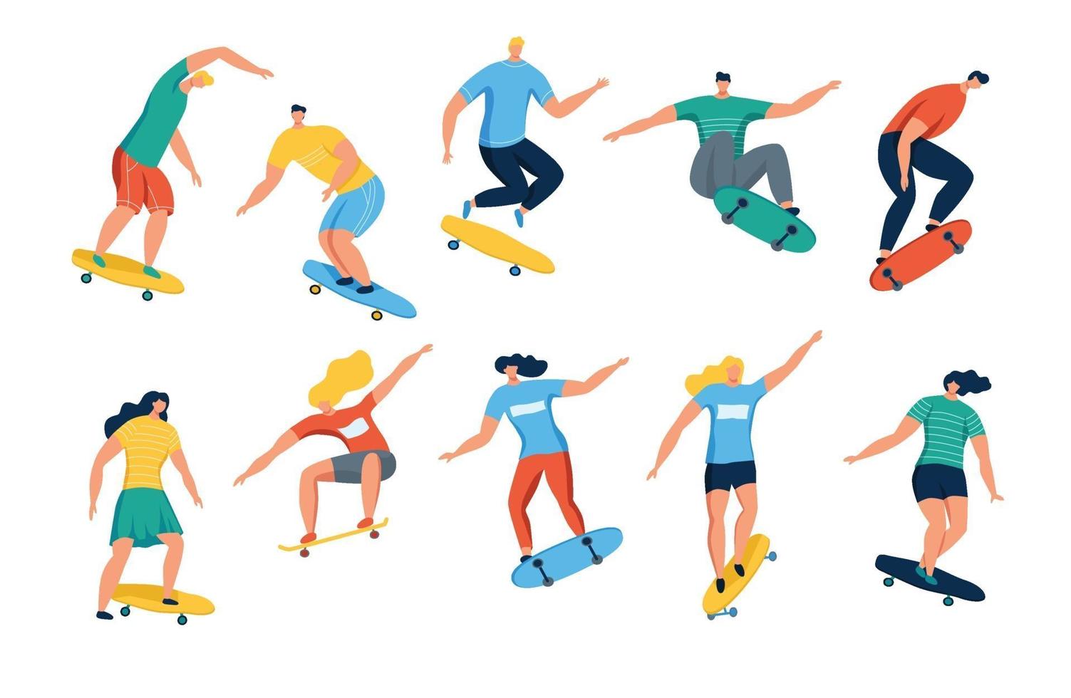 mujeres y hombres jóvenes en patineta. niñas y niños adolescentes o patinadores en patineta. personajes de dibujos animados aislados sobre fondo blanco. ilustración vectorial plana. vector