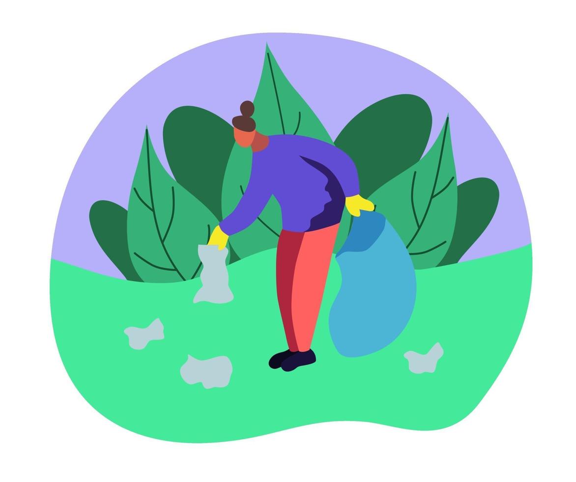 Afro Woman Picking up Trash vector