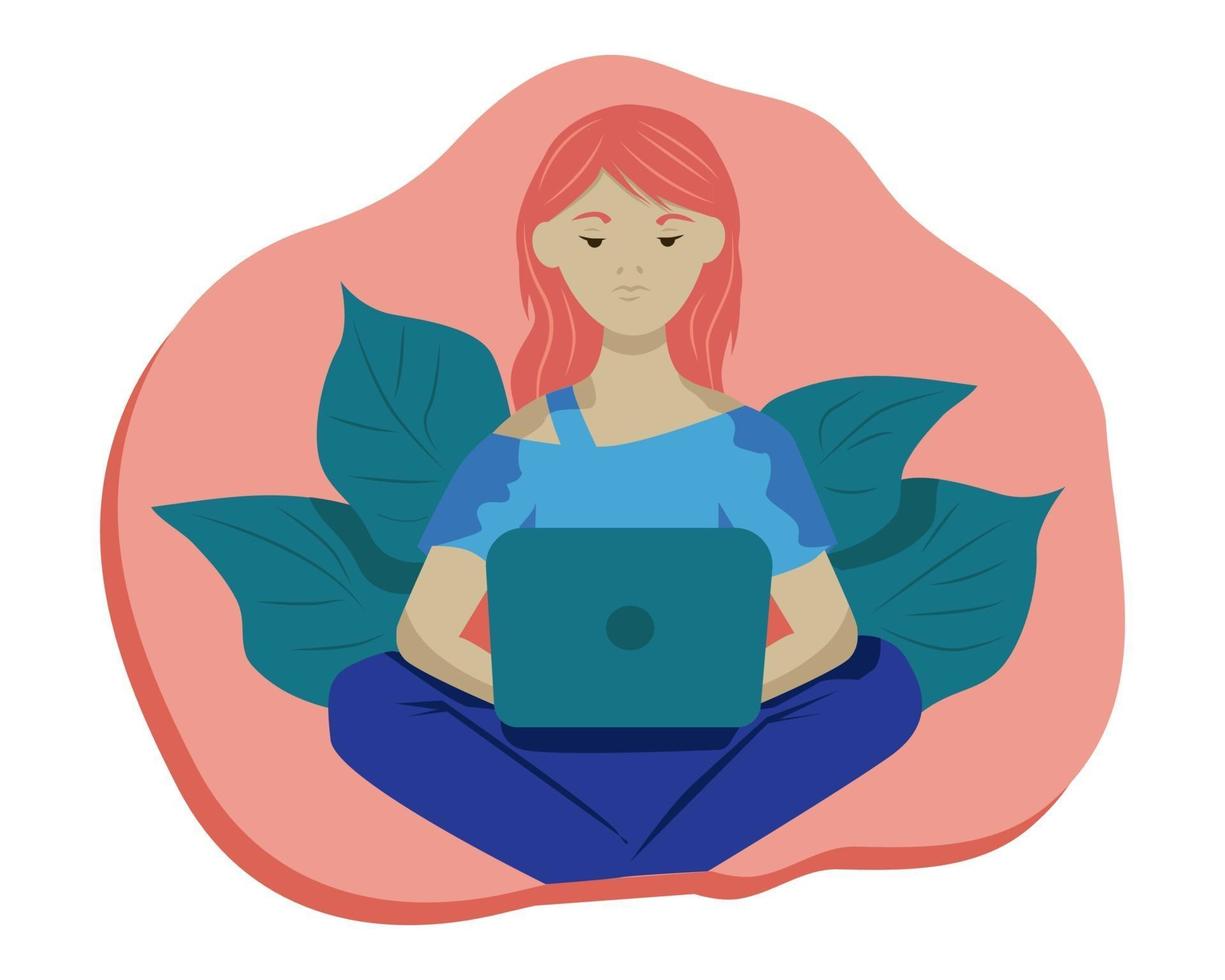 Young woman with a laptop sitting on the floor vector