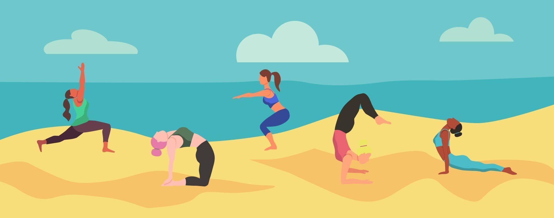 Women doing yoga on the beach vector