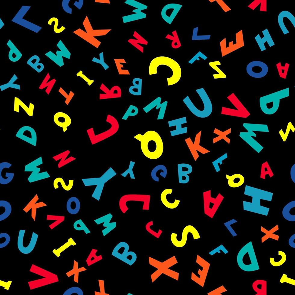 Seamless pattern of multicolored letters on black background vector