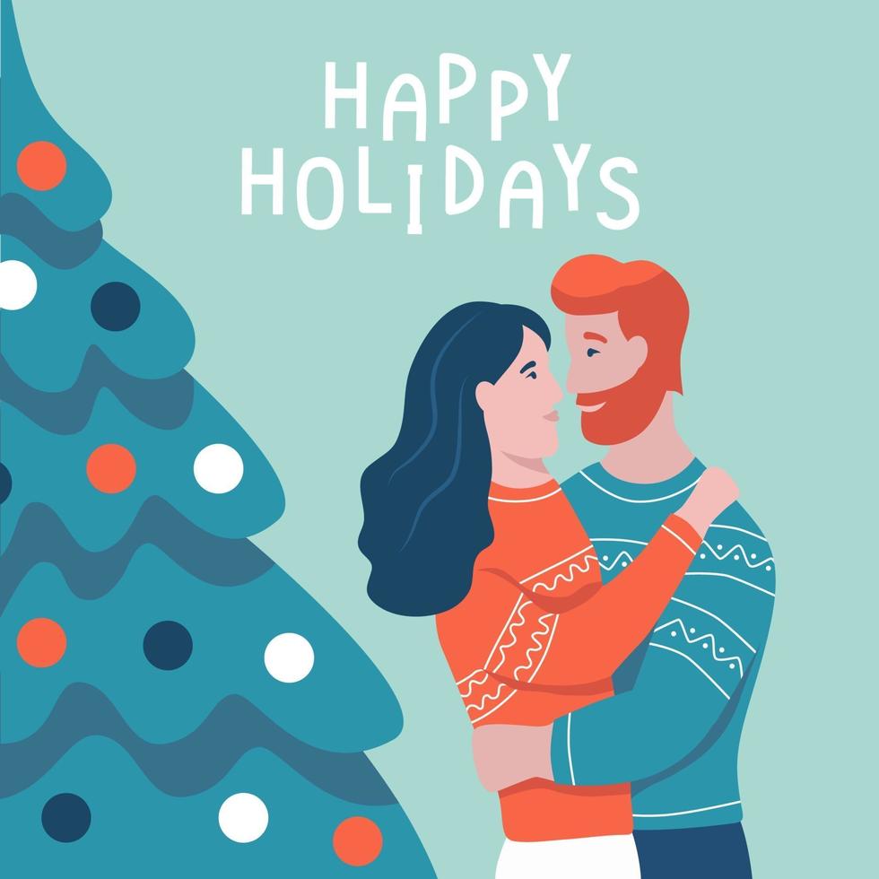 pareja de enamorados abrazándose por un árbol de navidad vector