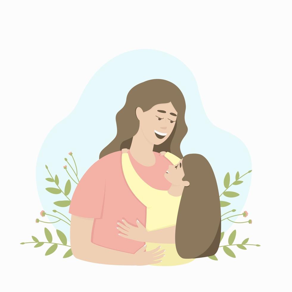 Happy mom and daughter hugging on a background of floral motives vector