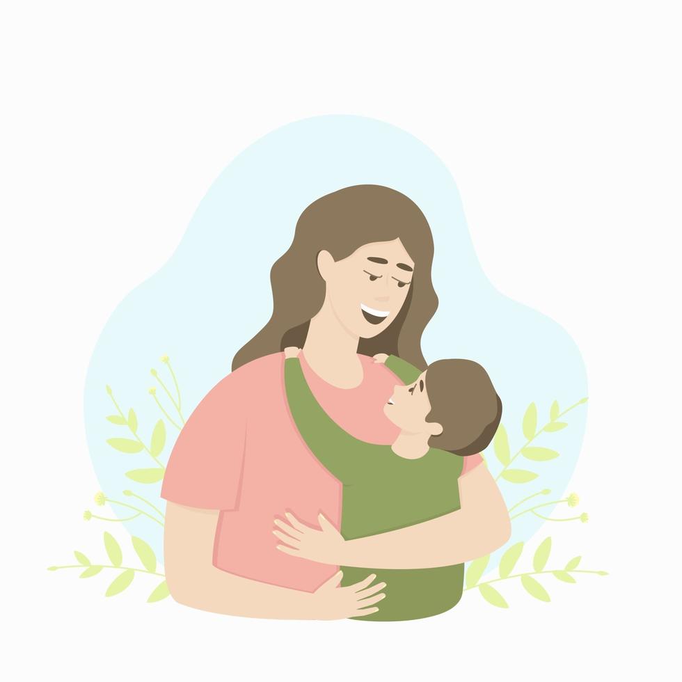 Feliz mamá e hijo se abrazan en el contexto de motivos florales vector