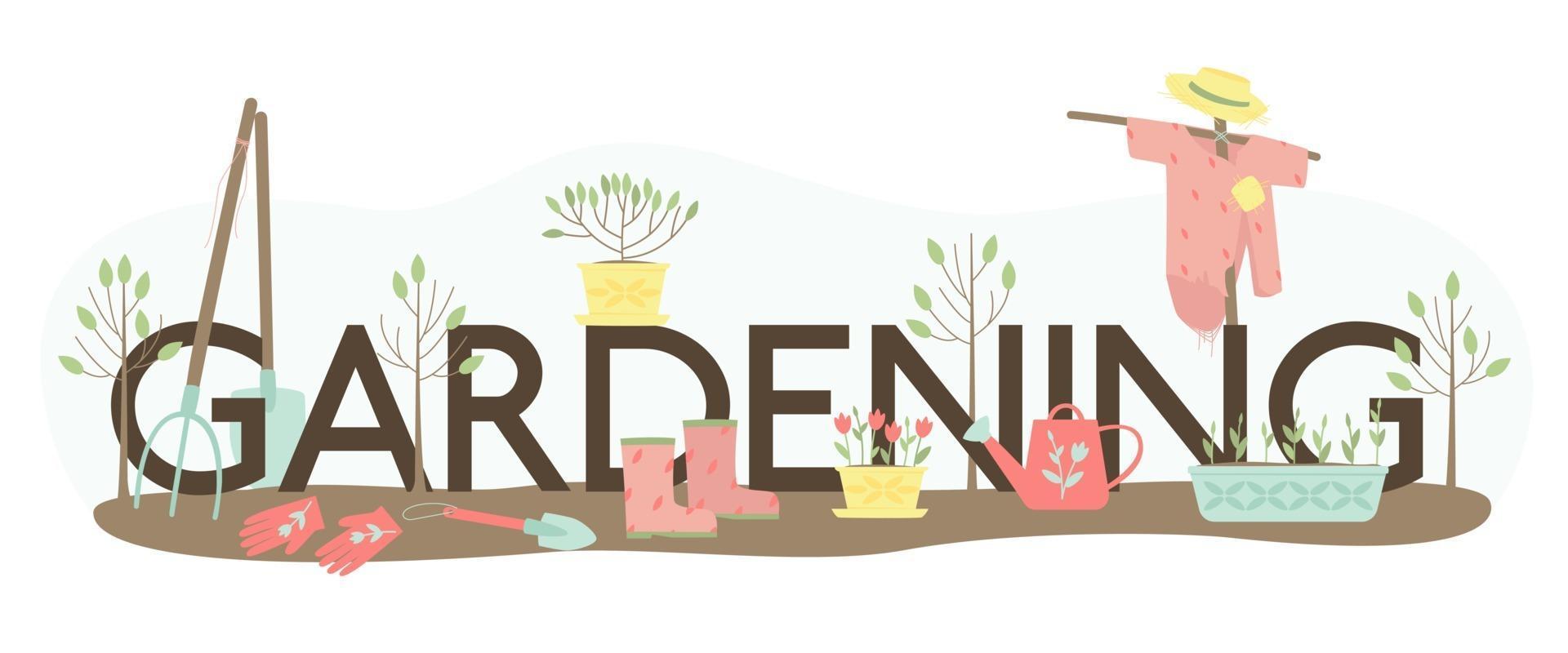 Letras de jardinería y un conjunto de suministros para plantar plantas. vector