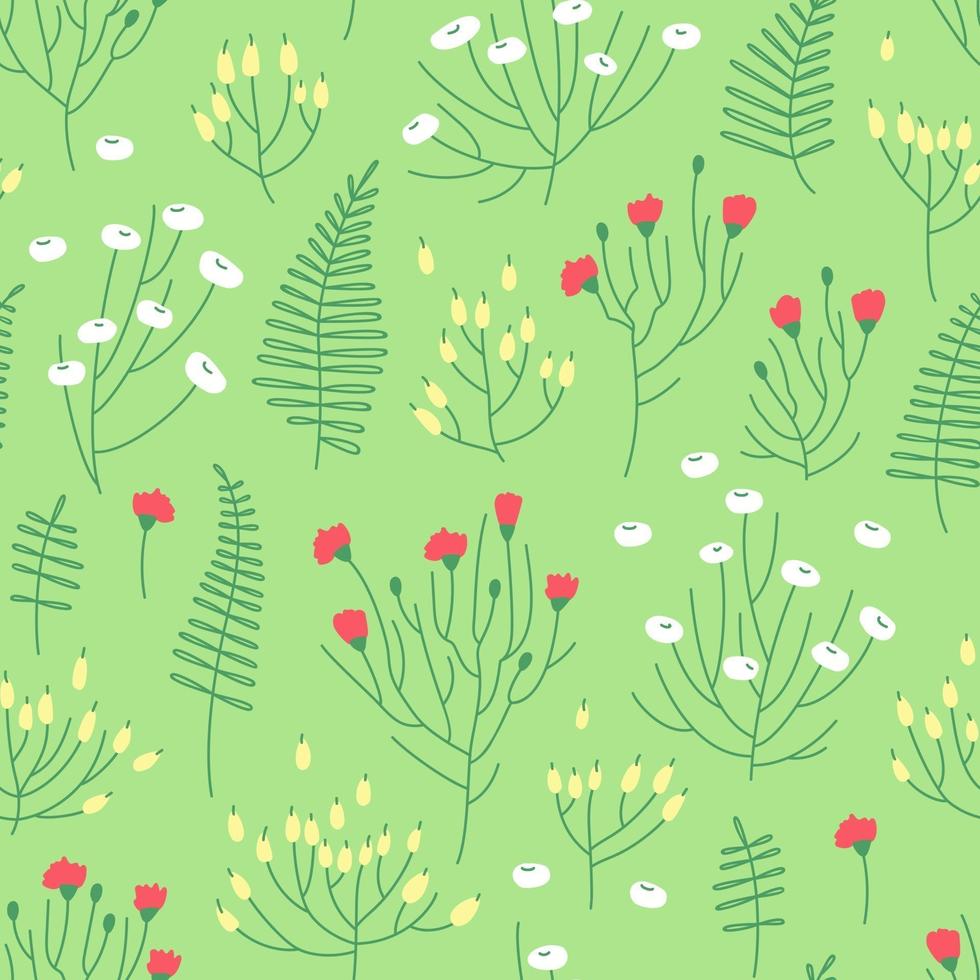 Prado de flores de verano de patrones sin fisuras sobre fondo verde vector