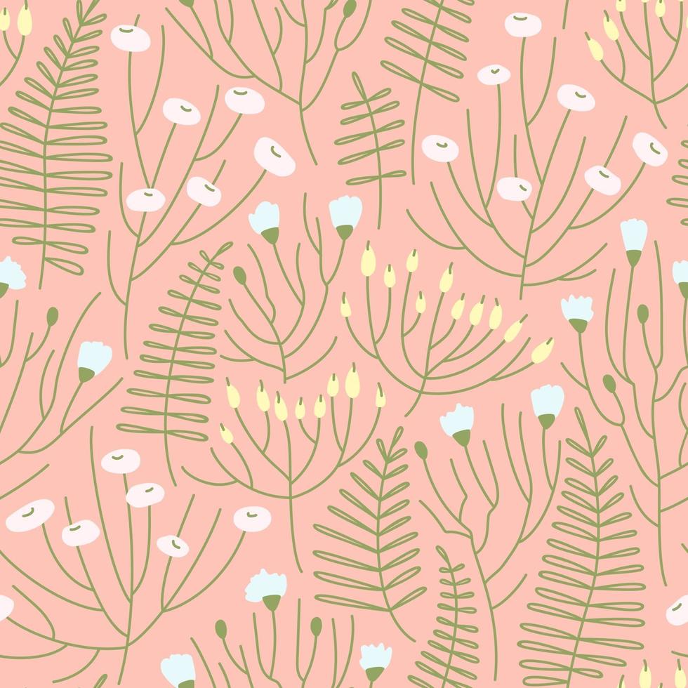 Seamless pattern of spring flower meadow on a pink background vector