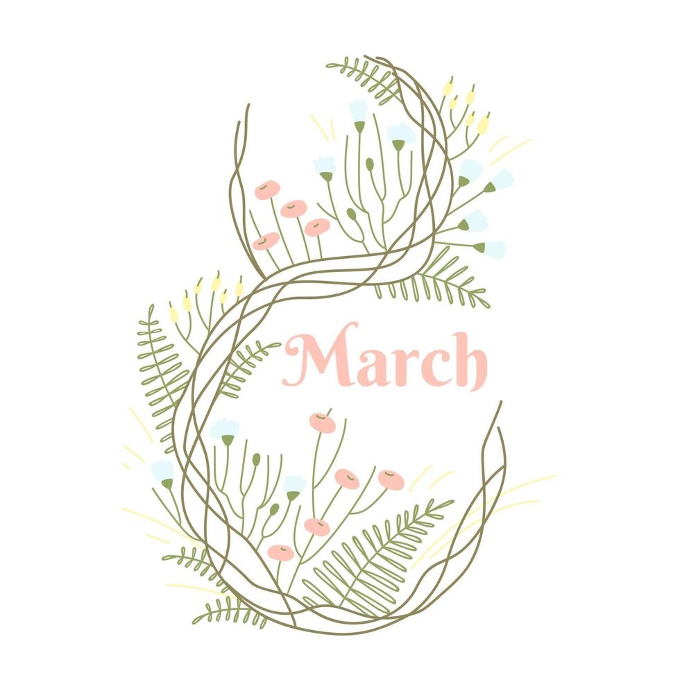 Simple delicate design template with 8 March greeting card on white background vector